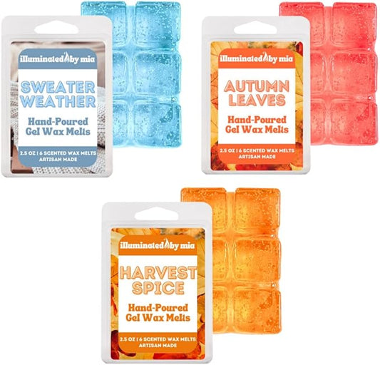 Fall Vibes Trio Gel Wax Melts - Jelly Cubes for Wax Warmer, Reusable & Mess Free 96 Hr Burn Time, Paraben Phthalate Free Melts, Includes Sweater Weather, Autumn Leaves, Harvest Spice