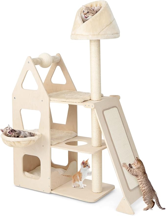 Tangkula Modern Wood Cat Tree for Indoor Cats, 64 Inch Multi-Level Tall Cat Tree with Scratching Rotatable Ball & Posts, Sisal Ramp, Hanging Basket, Large Cat Tower with Plush Perch, Washable Mats-Mewly Pet