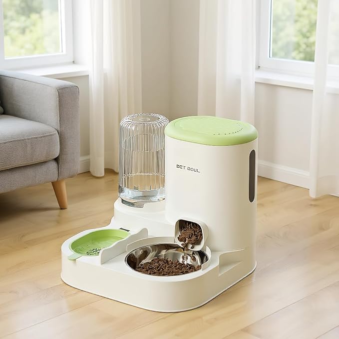 Automatic Cat Feeder & Water Dispenser - Dual Container for Dry/Wet Food, Two-in-One Upgraded Gravity Feeder and Water Dispenser Combo Set for Cats and Dogs.(Green)-Mewly Pet