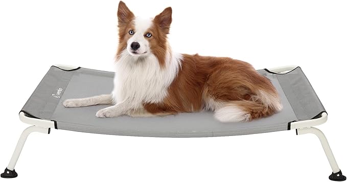 Veehoo Elevated Dog Bed for Outdoor, Cooling Waterproof Raised Dog Cots Beds for Medium Dogs, Curved Off Ground Pet Hammock Cot Lifted for Outside, up to 65lbs, White Legs, Grey 32"-Mewly Pet
