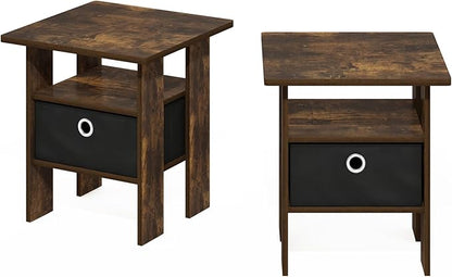 Furinno Andrey Side Table, Set of 2 End Table, Night Stand with Open Shelves and Storage Bin, Bedside Table, for Living Room, Bedroom, Amber Pine