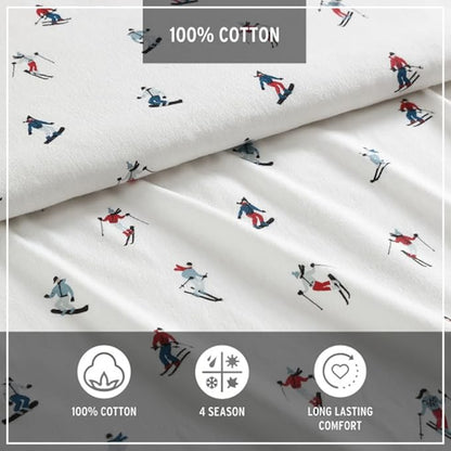 Eddie Bauer - Flannel Sheets Full Size, Anti-Pilling & Wrinkle Resistant Cotton, Touchably Soft for All-Season Comfort - Bed Sheets with Matching Pillowcases & Fitted Sheet (Ski Slope White)