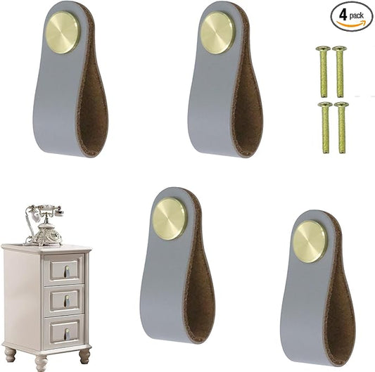 Leather Drawer Pulls and Knobs Soft Cabinet Handles Modern Cabinets Door Knob for Furniture Cupboards Wardrobe Dresser Decorative Handle with Screw 4 Pcs (Grey)