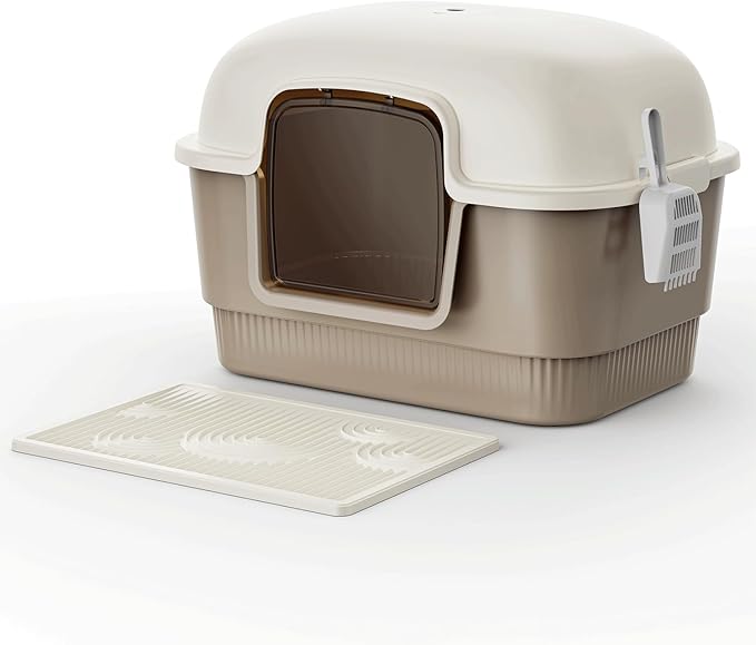 Cat Litter Box with Litter Mat and Scoop,High Wall Enclosed Cat Litter Boxes for Anti-Leakage, Covered Kitty Litter Box with Handle and Buckles for Portability and Privacy, Odor Control (Brown)-Mewly Pet