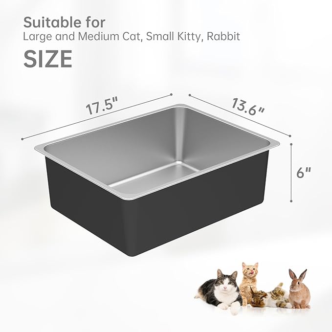 Ohtomber Stainless Steel Litter Box - High Sided Metal Cat Litter Box Pan, Never Absorbs Smell, Easy to Clean Non Stick Cat Litterbox Tray Toilet Pet Supplies for Indoor Kitty, Kitten, Rabbit, Puppy-Mewly Pet