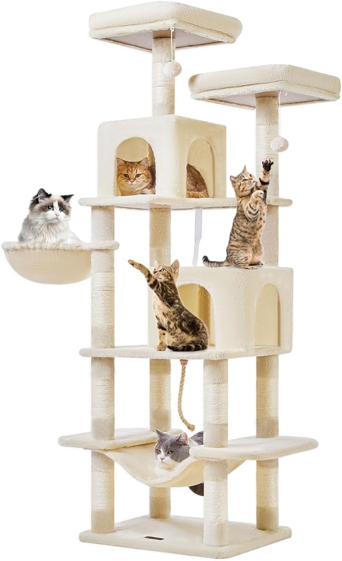 Taoqimiao Cat Tree, 71.7-Inch Cat Tower for Indoor Cats, Plush Multi-Level Cat Condo with 13 Scratching Posts, 2 Perches, 2 Caves, Hammock, 2 Pompoms,Beige MS013LM-Mewly Pet