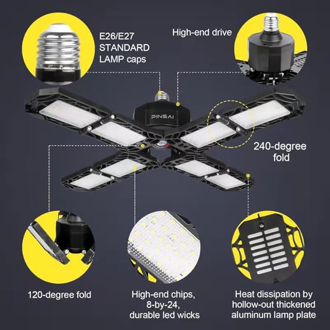 4 Pack LED Garage Light, Super Bright Screw in E26/E27 Ceiling Shop Work Lamp, 200W 20000 Lumen Deformable Basement Bulb Fixture with 8 Adjustable Panels