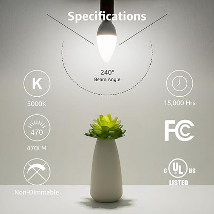 Lepro E12 LED Candelabra Light Bulbs, 5000 Kelvin Daylight White 5.5 watt, 40 watt Equivalent B11 C37 Ceiling Fan Bulb Chandelier Bulbs, Type B Small Base Candle Lights, Plastic, Not-dimmable, 6-Pack