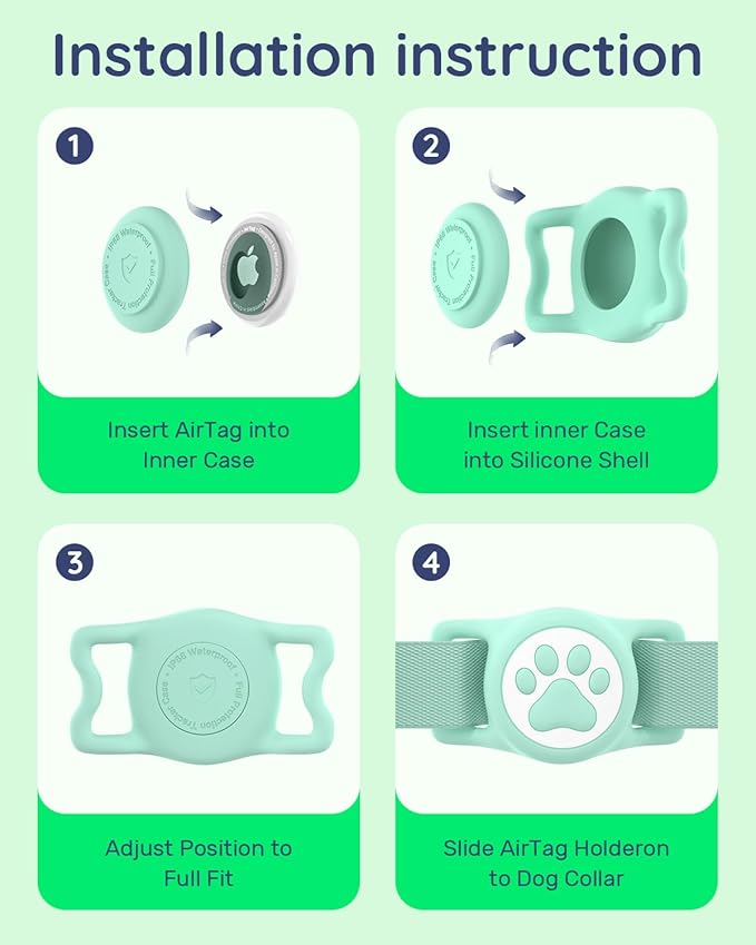 IP68 Waterpoof Dog Airtag Holder, Stretchy Silicone Full Body Covered Apple Air Tag Holder for Dog Cat Collar Fit All Width Collar (Black/Green/Blue/Pink, 4 Pack)-Mewly Pet