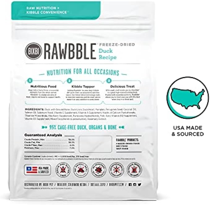 BIXBI Rawbble Freeze Dried Dog Food, Duck Recipe, 26 oz - 95% Meat and Organs, No Fillers - Pantry-Friendly Raw Dog Food for Meal, Treat or Food Topper - USA Made in Small Batches-Mewly Pet