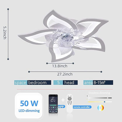 Low Profile Ceiling Fan with Lights,110v Modern Dimmable Flower Shape, Remote Control/app Control,Timing 6 Gear Speeds Fan Ceiling Lamp.