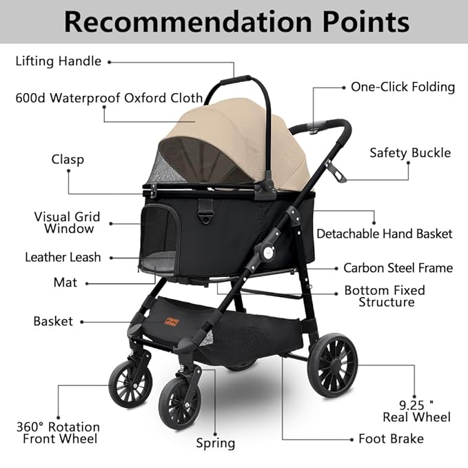 Dog Cat Stroller, Foldable 4 Wheels Dog Stroller for Small Medium Dogs 20 lbs,Pet Strollers for Large Dogs 50lbs, Stable Anti-Shock Detachble Carrier,with 360°Swiveling Front Wheel forTravel-Mewly Pet