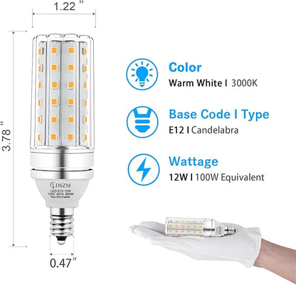E12 LED Bulbs 12W Candelabra led Light Bulb,100 Watt Equivalent 1200lm Warm White 3000K E12 Base LED Chandelier Light Bulbs Non-Dimmable LED Corn Bulbs, Pack of 6