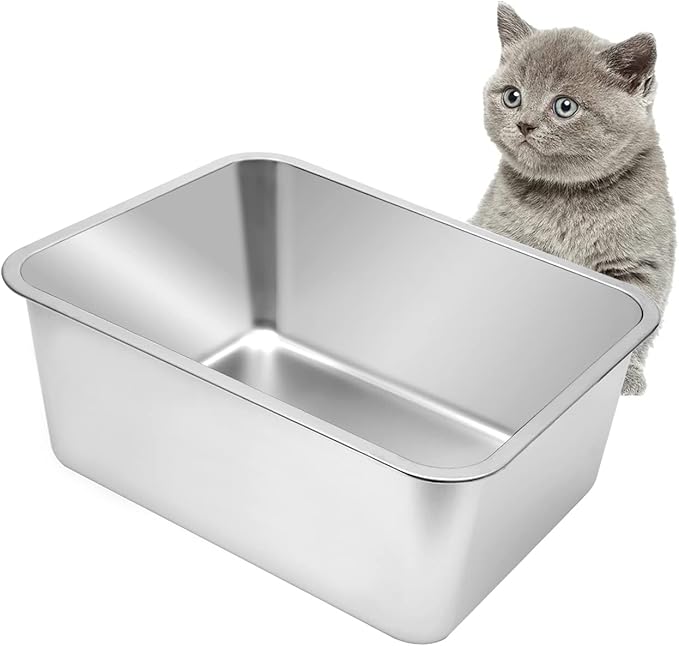 Kichwit Large Stainless Steel Cat Litter Box with High Sides, Metal Litter Pan for Cat, Non Stick Smooth Surface, Easy to Clean (17.5" L x 13.5" W x 7.9" H)-Mewly Pet
