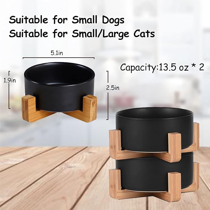 Petygooing Ceramic Black Cat Dog Bowl Set with Stand,Small Dog Bowls, Pet Food and Water Dish, Anti Slip Set of 2 Cat Bowl-Pet Food Dishes- Pet Bowls Small Size Pet (13.5OZ/5.1 in)-Mewly Pet