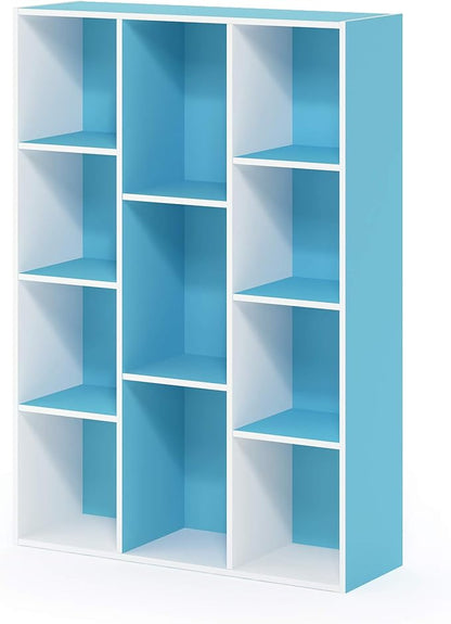 Furinno LUDER Book Shelf, 11-Cube Bookshelf, Reversible Bookcase, 9.4" x 29.1" x 41.7", for Living Room, Bedroom, Home Office, White/Light Blue