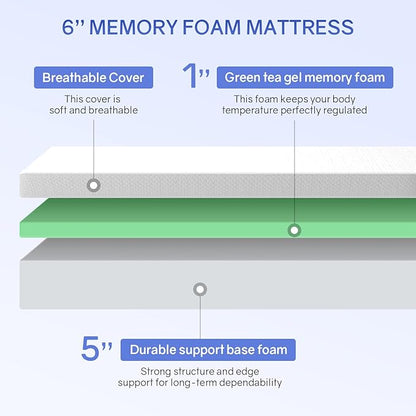 PayLessHere 6 Inch Twin Green Tea Cooling Gel Memory Foam Mattress Twin Size in a Box,Medium-Firm,Pressure Relief&Temperature Regulation,CertiPUR-US Certified,White