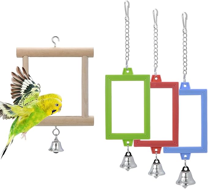 4 PCS Bird Mirror with Bell Parrot Hanging Interactive Playing Toy for Cockatiel Parakeets Canaries Budgie Cage Accessories-Mewly Pet