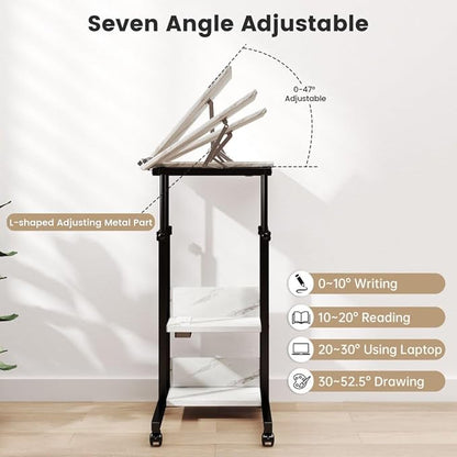 Hadulcet Adjustable C Table with Charging Station, Tiltable Desk C Shaped End Table for Couch, Over Bed Table with Wheels Adjustable Height, Hospital Table Laptop Stand Drawing Desk, Marble White
