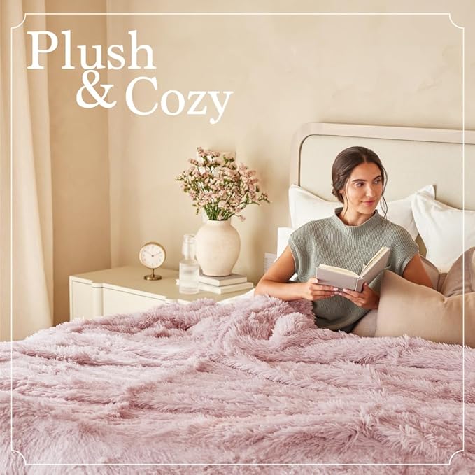 The Connecticut Home Co Bedding Blanket, Twin 80x60, Soft Fluffy Room Decor, Cozy Warm Throws for Bed, Gifts for Women, Bedroom Cute Aesthetic Blankets Shag and Sherpa Dusty Rose