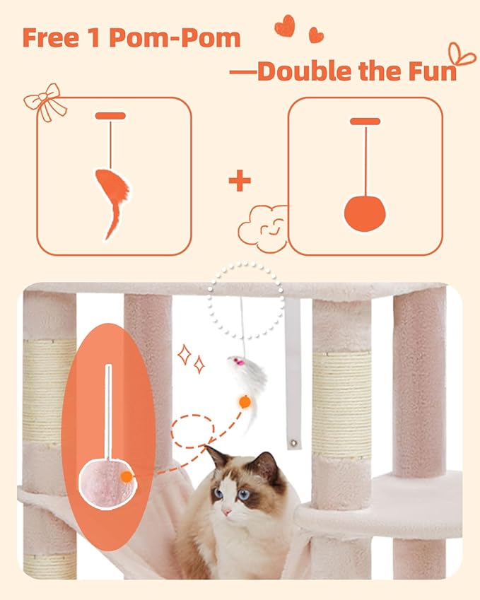 Taoqimiao Cat Tree, 66.2-Inch Cat Tower for Indoor Cats, Plush Multi-Level Cat Condo with 12 Scratching Posts, 2 Perches, 2 Caves, Hammock, 2 Pompoms, Jelly Pink MS013P-Mewly Pet