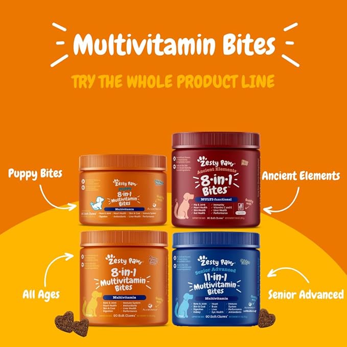 Zesty Paws Dog Multivitamin, Chewable Dog Vitamins and Supplements for Hip & Joints, Skin & Coat, Omega 3 Fish Oil for Dogs- Senior & Puppy Multivitamin - Bison- 90ct-Mewly Pet