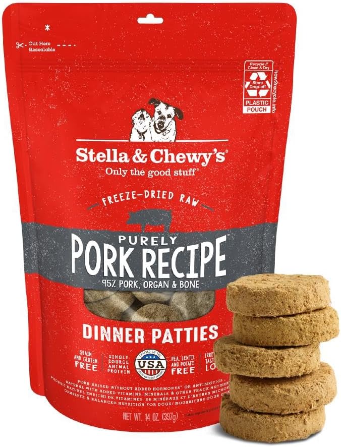 Stella & Chewy's Freeze-Dried Raw Dinner Patties - Purely Pork Recipe - High Protein Grain-Free Puppy & Dog Food - Perfect For Picky Eaters - 14 oz-Mewly Pet