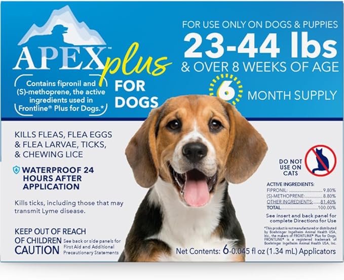 Apex Plus Flea and Tick Prevention for Dogs | Medium (23-44 lbs) | 6-Month Supply | Dog Flea and Tick Treatment | 24-Hour Activation, Waterproof, 30-Day Protection-Mewly Pet