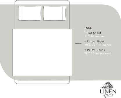 Linen Home 100% Cotton Percale Sheets Full Size, White, Deep Pocket, 4 Pieces Set - 1 Flat, 1 Deep Pocket Fitted Sheet and 2 Pillowcases, Crisp Cool and Strong Bed Linen