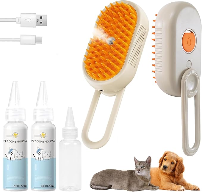 4-in1 Cat Steam Brush for Shedding & Grooming, Spray Hair Removal Comb with 2 Waterless Shampoo, Cat and Dog Brush for Shedding, Pet Grooming Comb Hair Removal Tool for Cats and Dogs-Mewly Pet