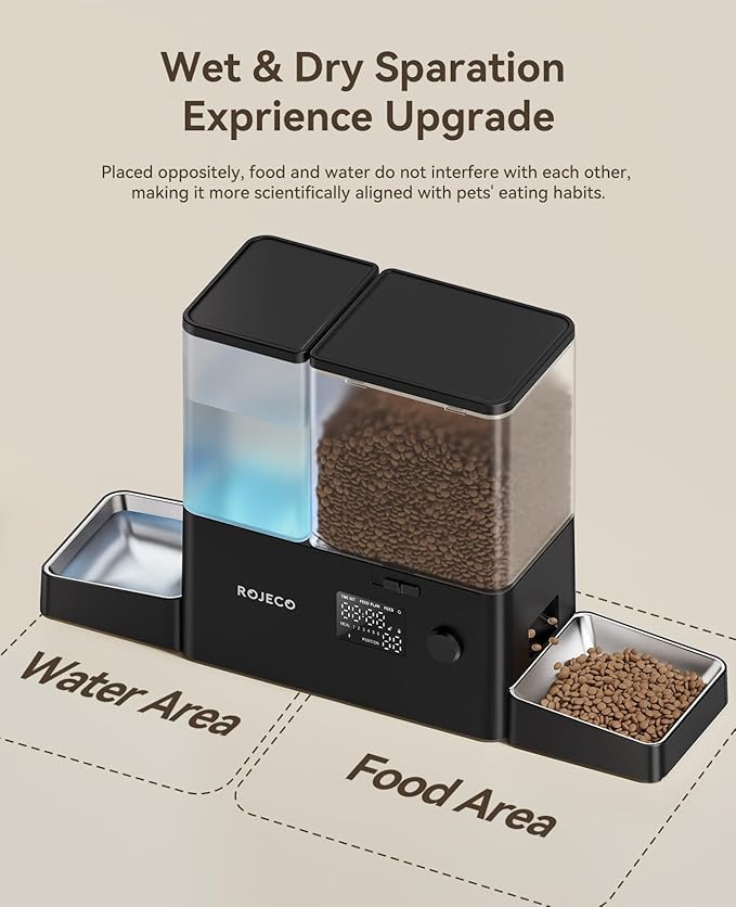 Rojeco 36Cups/8.5L Pet Automatic Cat Feeder and Gravity Water Dispenser,Stainless Steel Bowls 2-in-1 Set Large Capacity 5L Food Feeder and 3.5L Water Fountain for Cats,Pets,Small Dogs,Black-Mewly Pet