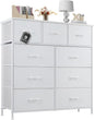 Sweetcrispy 9 Drawer Fabric Dresser Tall Chest Storage Organizer Tower with Cabinet Metal Frame and Wood Top Lightweight Nursery Closet Furniture for Bedroom,Cream White
