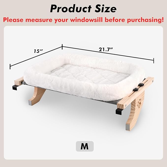 AMOSIJOY Cat Sill Window Perch Sturdy Hammock Window Seat with Cushion Bed Cover, Wood & Metal Frame for Large Cats, Easy to Adjust Cat Bed for Windowsill, Bedside, Drawer and Cabinet (M)-Mewly Pet