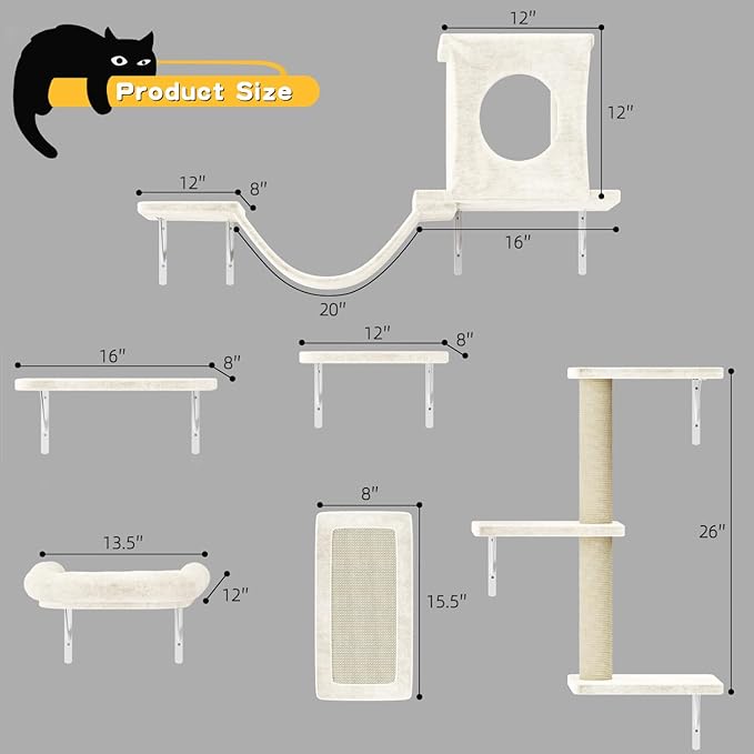 NUNU LAB Cat Wall Shelves, 6 Pcs Luxury Wall-Mounted Cat Climber Set, Indoor Cat Furniture with 1 Condos House, 2 Cat Wall Shelves, 1 Scratching, 1 Bridge Ladder, 1 Scratching Pad, White-Mewly Pet