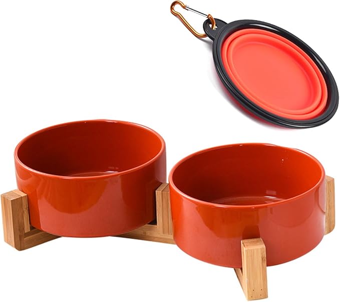 Petygooing Dog Bowls,Ceramic Cat Dog Bowl Set with Wood Stand for Food and Water,Non-Slip Cute Modern Pet Dish for Cats Small Size Dogs Puppy (13.5OZ/5.1 in) Rust Red-Mewly Pet
