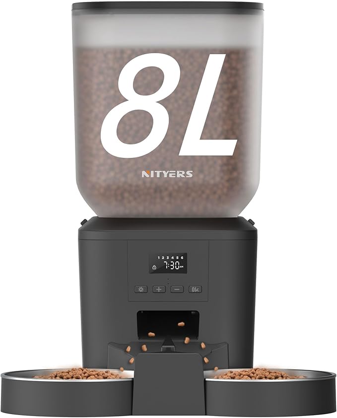 Automatic Cat Feeder for 2 Cats - 8L/34 Cups Large Capacity Auto Cat Food Dispenser with LCD Screen, 2 Food Trays, Timed Feeder, Up to 50 Portions 6 Meals Per Day, Keep Fresh-Mewly Pet