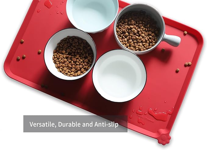 Hoki Found L Silicone Pet Food Mats Tray - Non Slip Pet Dog Cat Bowl Mats Placemat - Dog Pet Feeding Mat - Waterproof Dog Cat Food Mats -Pet Water Mats for Carpet - Classic red-Mewly Pet