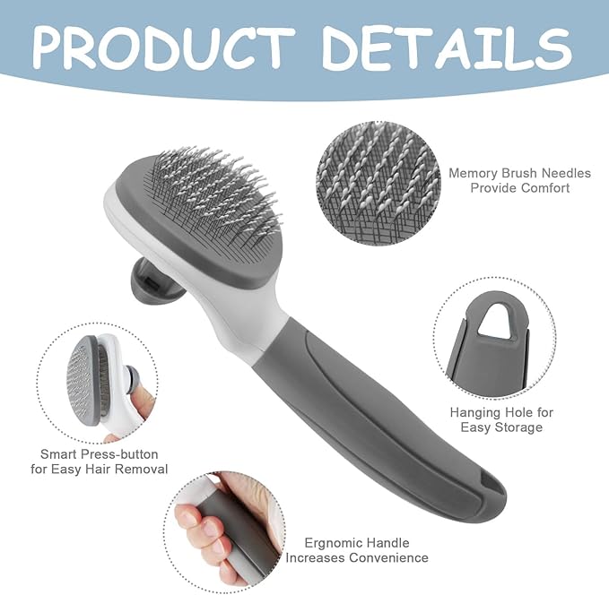 Cat Brushes for Indoor Cats, Dog Brush for Shedding with Metal Cat Comb, Self Cleaning Pet Hair Brush with Release Button for Grooming Kitten(Dark Grey)-Mewly Pet
