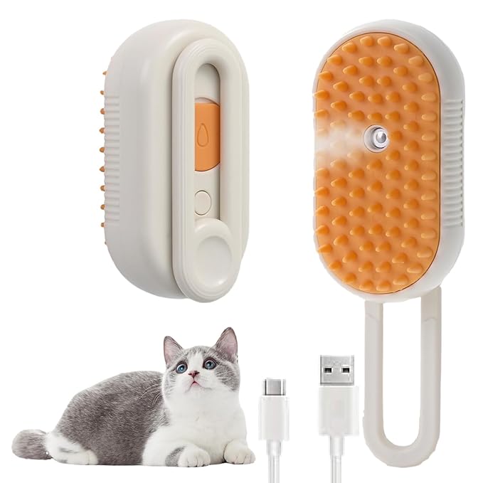 Cat steam brush USB-Powered Pet Steam Brush for Dogs & Cats | Instant Fog Deshedding Tool, Reduces Shedding & Flyaway Hair | Gentle Grooming Brush for Dog & Cat Hair Loss Control (Orange)-Mewly Pet