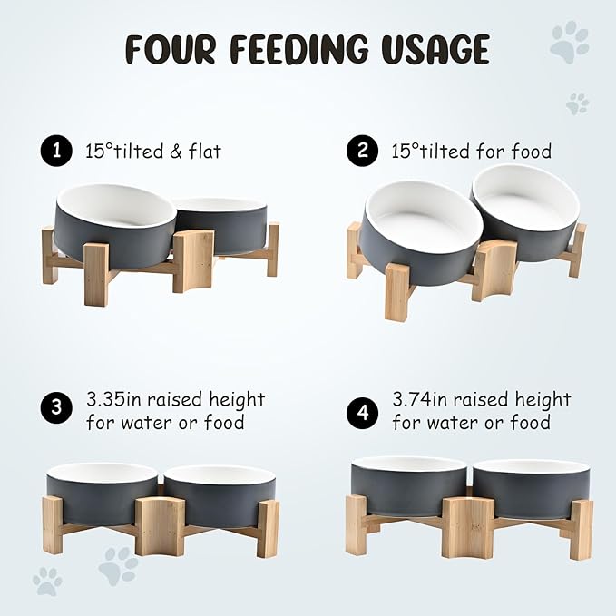 SPUNKYJUNKY 15° Slanted Ceramic Dog and Cat Bowl with Wooden Stand, Tilted Bulldog Food and Water Bowl No Slip Non-Spill for Cats Medium Dogs Big Face Pets 13.5 OZ (1.7 Cups, White-Grey × 2)-Mewly Pet
