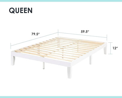 Mellow Naturalista Classic 12 Inch Solid Wood Platform Bed with Wooden Slats, Queen, White