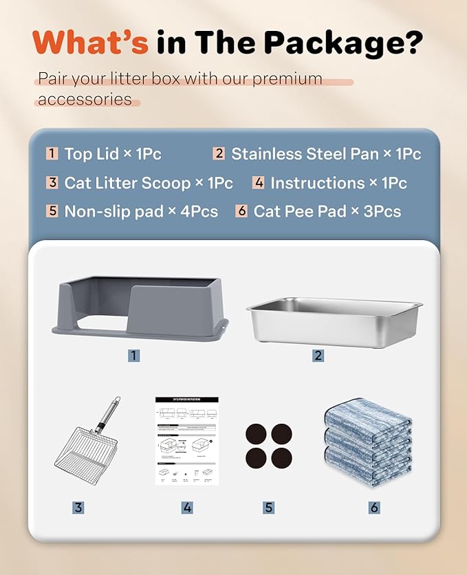 Stainless Steel Litter Box with Lid, 23.5" L x 15.8" W x 10.5" H, Large Metal Cat Box for Big Cats, High Sided Kitty Litter Box with Scoop & Pee Pads, Non-Sticky, Anti-Leakage, Easy to Clean (Gray)-Mewly Pet