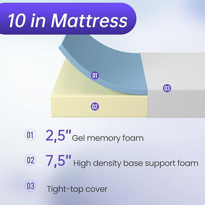 PayLessHere 10 Inch Twin XL Gel Memory Foam Mattress Fiberglass Free/CertiPUR-US Certified/Bed-in-a-Box/Cool Sleep & Comfy Support（Twin Extra Large）