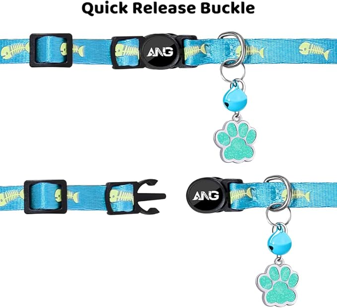 Personalized Breakaway Cat Collars Glow-in-The-Dark with ID Tag, Bell - Safety Quick - Release, Customizable for Female Male Kittens & Cats (Blue)-Mewly Pet