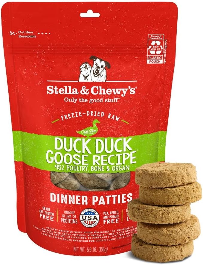 Stella & Chewy's Freeze-Dried Raw Dinner Patties - Duck Duck Goose Recipe - High Protein Grain-Free Puppy & Dog Food - Perfect For Picky Eaters - 5.5 oz-Mewly Pet