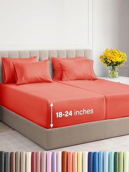 Extra Deep Split King Sheet Set - 7 Piece Breathable & Cooling Sheets - Hotel Luxury Bed Sheets Set - Easy & Secure Fit - Soft, Wrinkle Free & Comfy Sheets Set - Coral Sheet Set w/Extra Deep Pockets