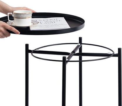 HollyHOME Round Metal Side Table, Outdoor Small Folding Accent Stand with Removable Tray, 17.72'' Portable End Table for Balconies, Gardens, Living Rooms and Bedrooms, Black