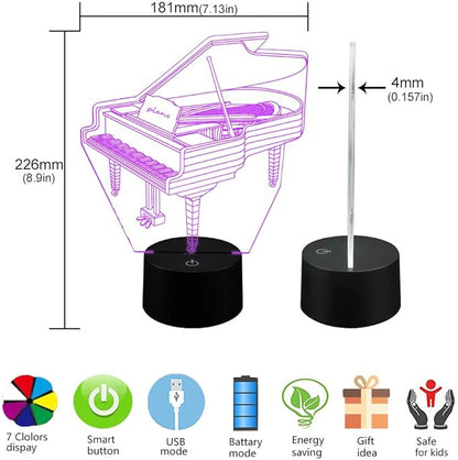 AZIMOM 3D Lamp Illusion Piano Night Light Decor 16Colors Changing Smart Touch Remote Control Optical Illusion Bedside Lamps Bedroom Home Decoration for Kids Boys & Girls Women Birthday Gifts