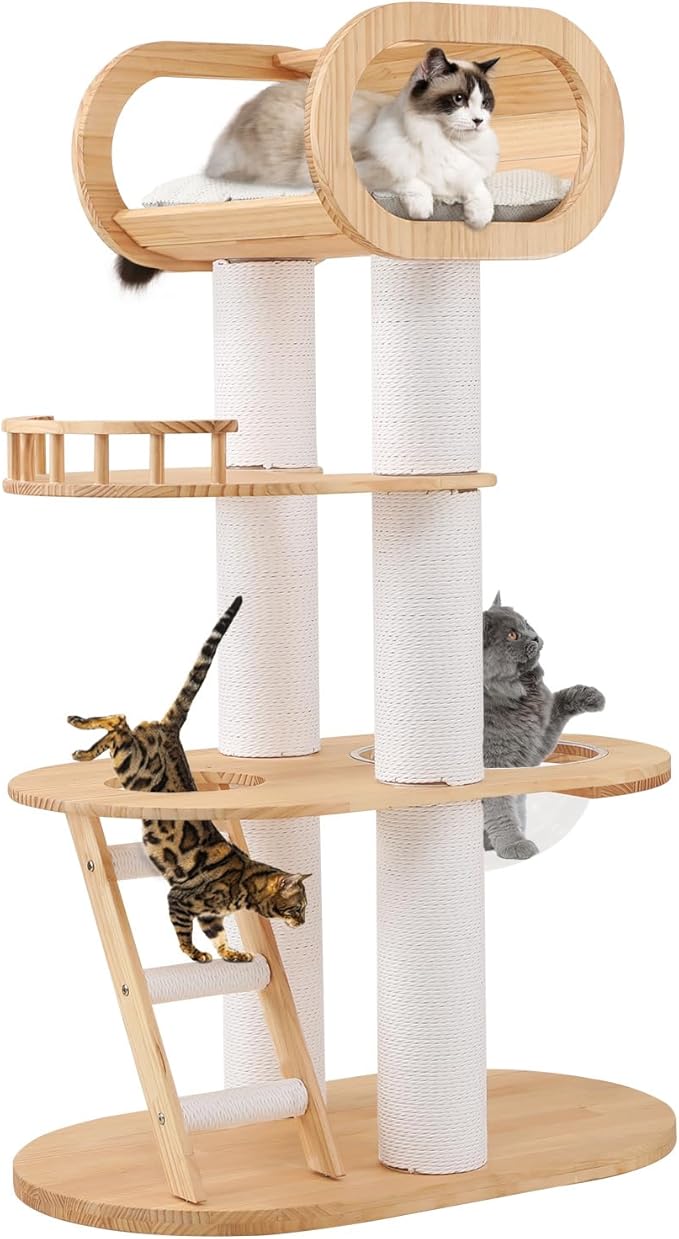 63'' Tall Modern Cat Tree for Indoor Cats, Luxury Cat Tree, Multi-Level Wood Climb Tower for Large Cat, Heavy Duty Kitty House with Transparent Bowl, Large Perches with Removable Cushion-Mewly Pet