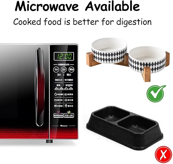 Petygooing Ceramic Dog Cat Bowl Set with Stand,Pet Food and Water Bowl,Small Dog Bowls Anti -Slip Set of 2 Cat Dishes Food Bowls Dish Small Size Pet (13.5OZ/5.1 in) Black Rhombus-Mewly Pet